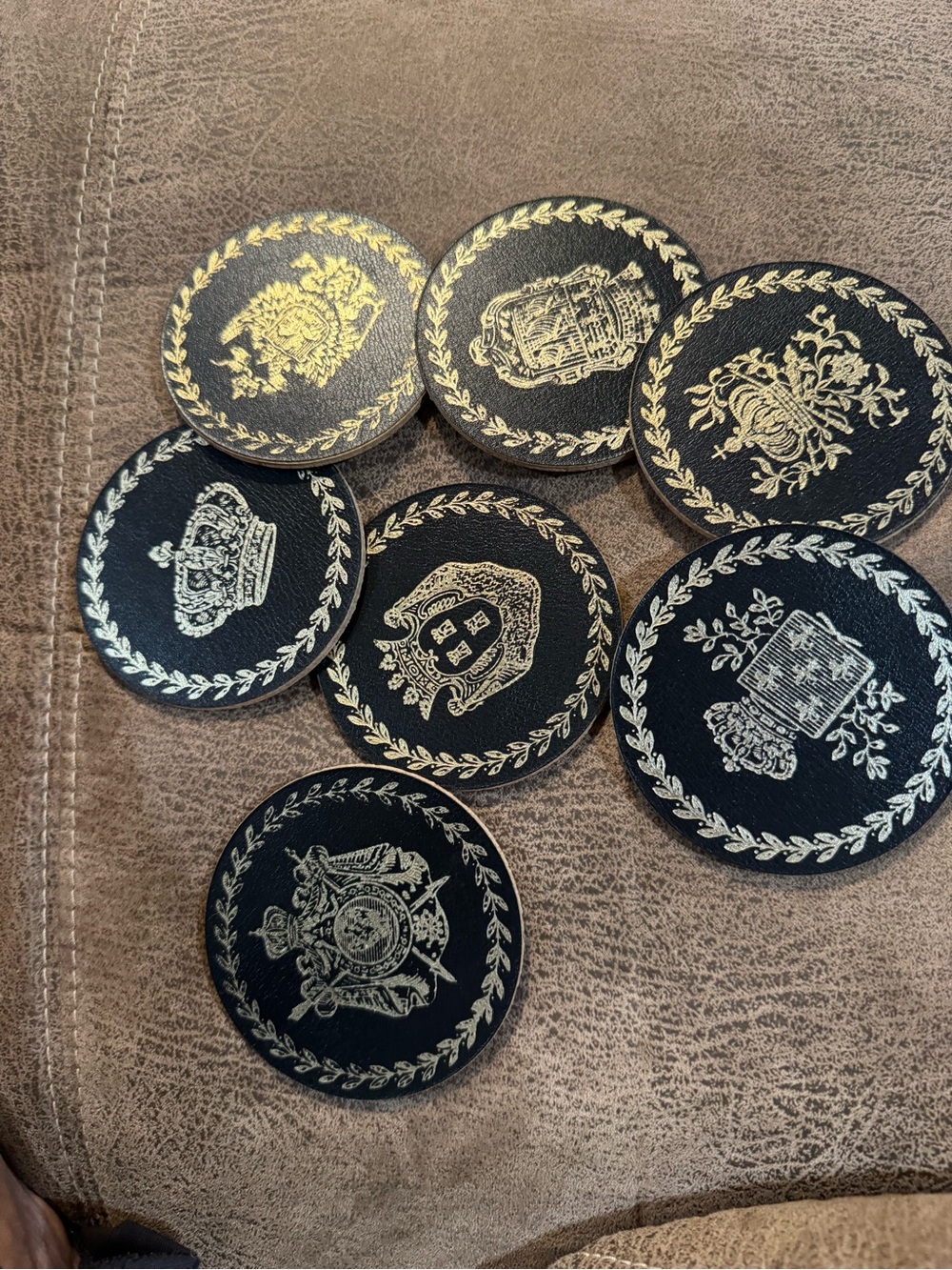 Decorative Black and Gold Leather Coasters - Set of 8
